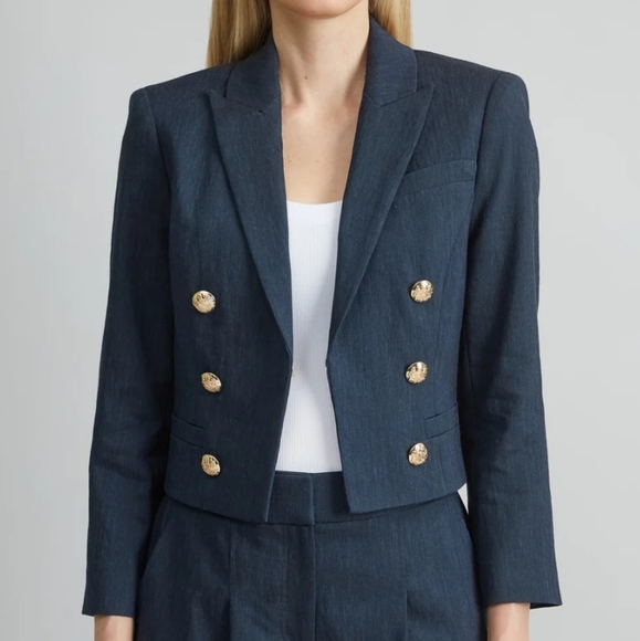 Elie Tahari Womens Linen Blend Crop Blazer Sz 8 Crest Buttons Open Front Lined - Picture 2 of 15